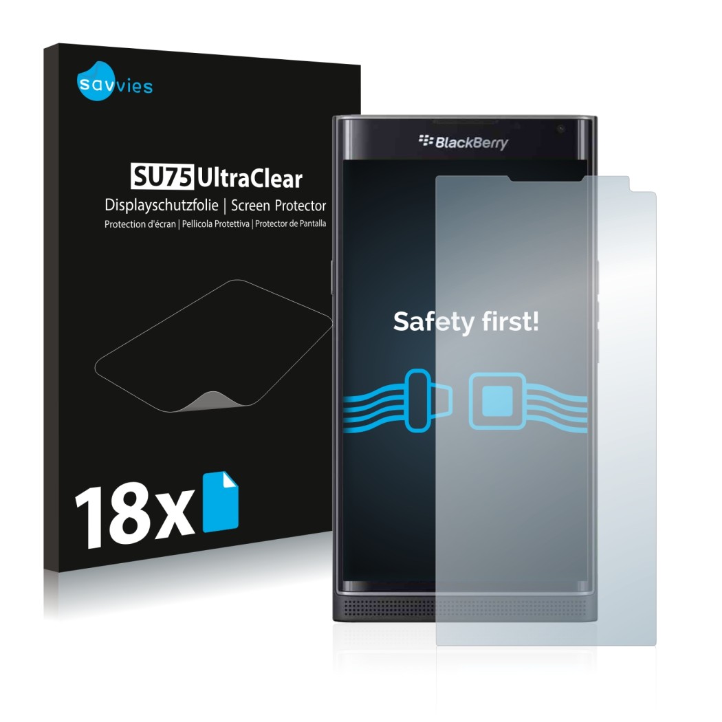 Parte frontal de un envase de producto con el logotipo de la marca Savvies. Al lado se muestra el dispositivo BlackBerry Priv 