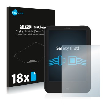 Vorderseite einer Produktverpackung mit dem Markenlogo Savvies. Daneben ist das Gerät Tolino Shine 2 HD mit dem zugehörigen Di