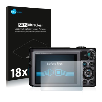 Front side of a product packaging with the brand logo Savvies. Next to it is the device Canon PowerShot SX720 HS shown with th