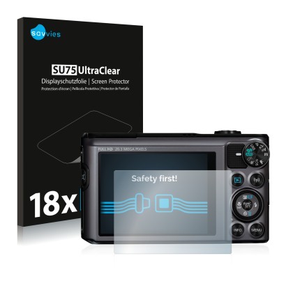 Face avant d’un emballage produit avec le logo de la marque Savvies. À côté, l’appareil Canon PowerShot SX720 HS est représent