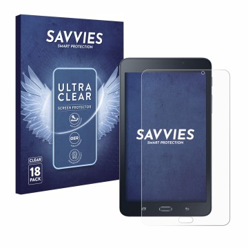 Vorderseite einer Produktverpackung mit dem Markenlogo Savvies. Daneben ist das Gerät Samsung Galaxy Tab A6 7.0 mit dem zugehö