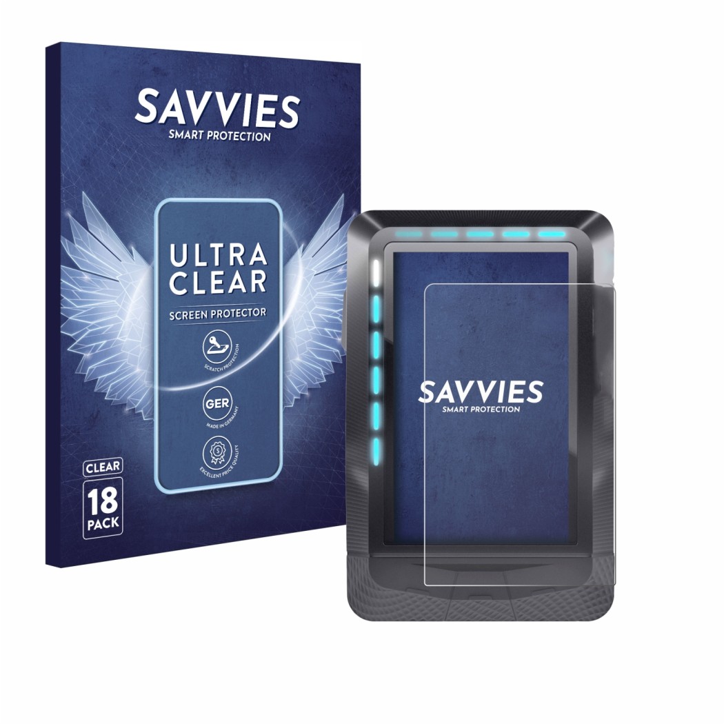 Front side of a product packaging with the brand logo Savvies. Next to it is the device Wahoo Elemnt GPS shown with the corres
