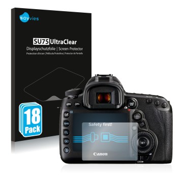 Parte frontale di una confezione del prodotto con il logo del marchio Savvies. Accanto è raffigurato il dispositivo Canon EOS 