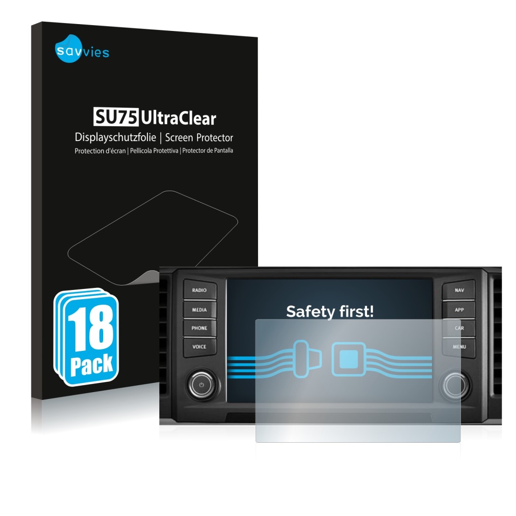 Vorderseite einer Produktverpackung mit dem Markenlogo Savvies. Daneben ist das Gerät Seat Ateca 2016 Media System Plus 8