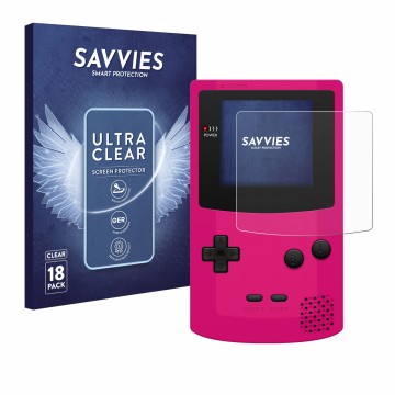Front side of a product packaging with the brand logo Savvies. Next to it is the device Nintendo Gameboy Color shown with the 