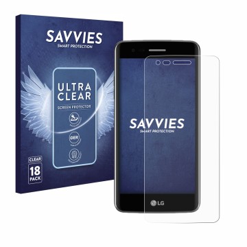 Front side of a product packaging with the brand logo Savvies. Next to it is the device LG K8 2017 shown with the correspondin