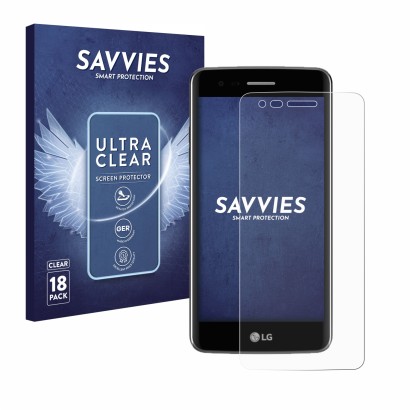 Face avant d’un emballage produit avec le logo de la marque Savvies. À côté, l’appareil LG K8 2017 est représenté avec la prot