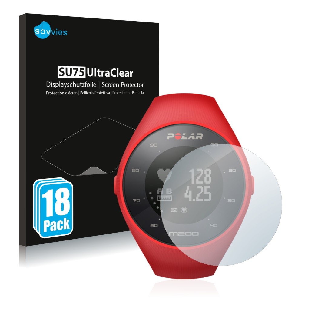 Vorderseite einer Produktverpackung mit dem Markenlogo Savvies. Daneben ist das Gerät Polar M200 mit dem zugehörigen Displaysc