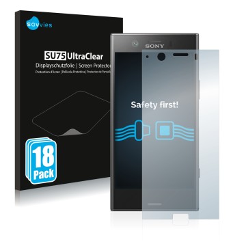 Vorderseite einer Produktverpackung mit dem Markenlogo Savvies. Daneben ist das Gerät Sony Xperia XZ1 Compact mit dem zugehöri