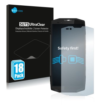 Vorderseite einer Produktverpackung mit dem Markenlogo Savvies. Daneben ist das Gerät Blackview BV9000 Pro mit dem zugehörigen