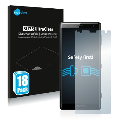 Front side of a product packaging with the brand logo Savvies. Next to it is the device Sony Xperia XZ2 shown with the corresp