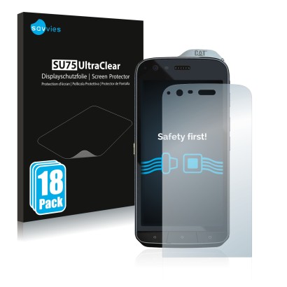 Vorderseite einer Produktverpackung mit dem Markenlogo Savvies. Daneben ist das Gerät Caterpillar Cat S61 mit dem zugehörigen 