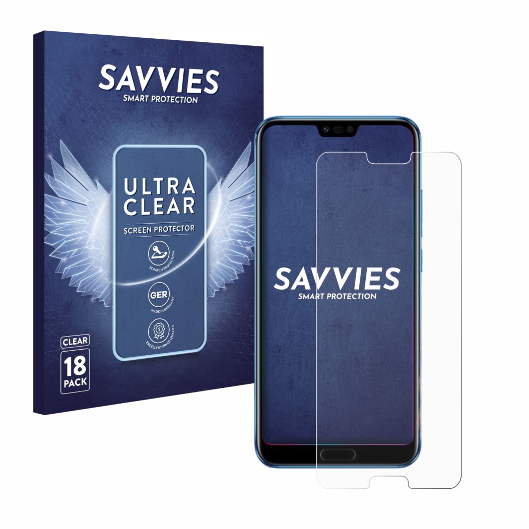 Front side of a product packaging with the brand logo Savvies. Next to it is the device Honor 10 shown with the corresponding 