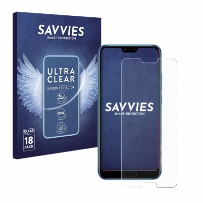 Front side of a product packaging with the brand logo Savvies. Next to it is the device Honor 10 shown with the corresponding 