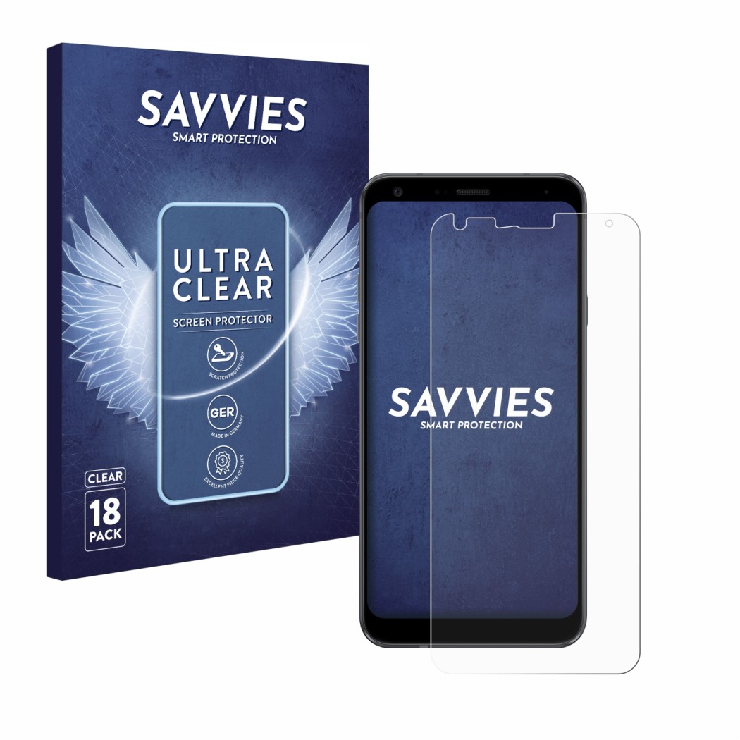 Vorderseite einer Produktverpackung mit dem Markenlogo Savvies. Daneben ist das Gerät LG Q7 mit dem zugehörigen Displayschutz 