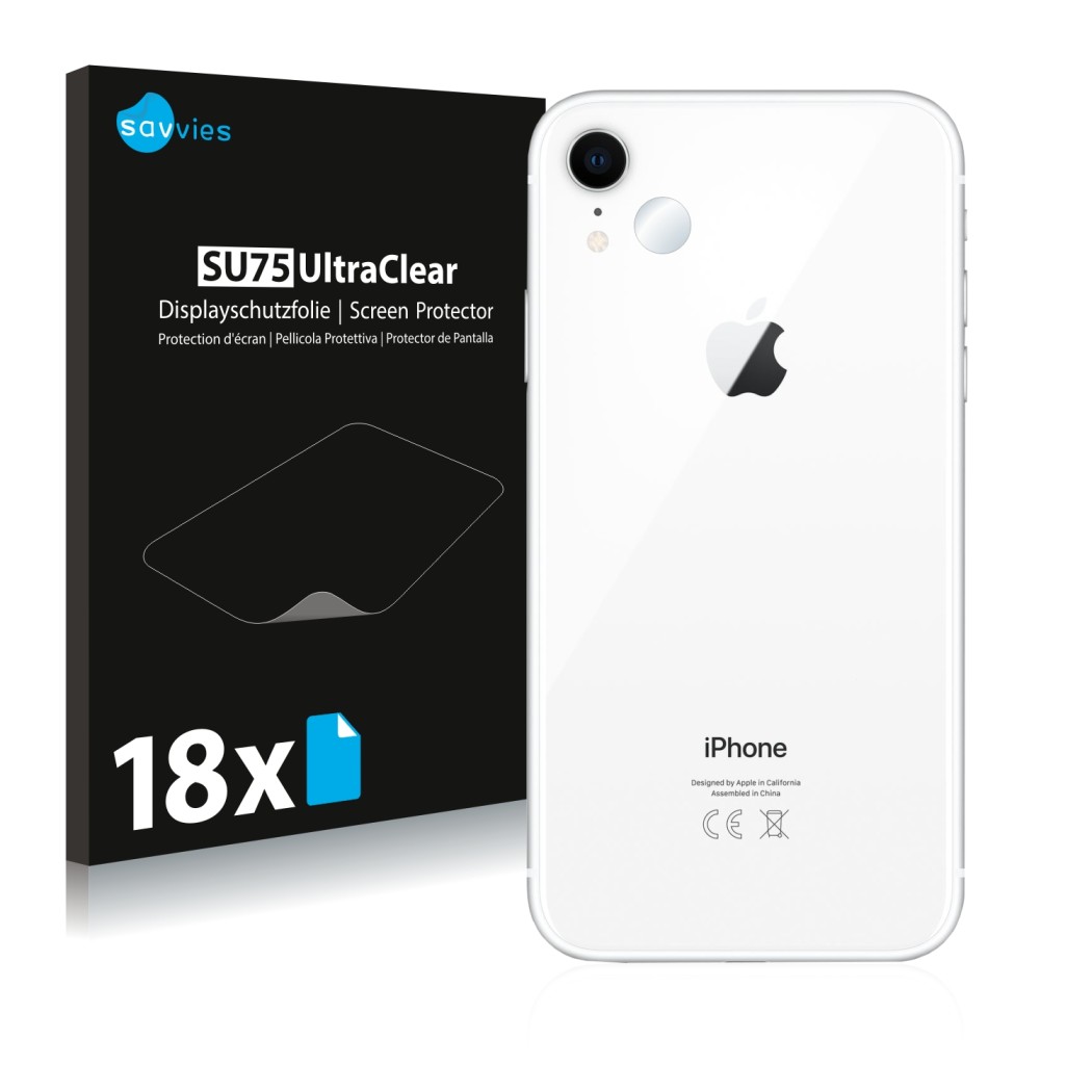 Vorderseite einer Produktverpackung mit dem Markenlogo Savvies. Daneben ist das Gerät Apple iPhone XR (NUR Kameraschutz) mit d