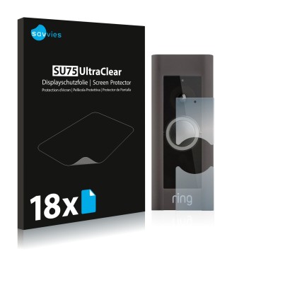 Front side of a product packaging with the brand logo Savvies. Next to it is the device Ring Video Doorbell Pro shown with the