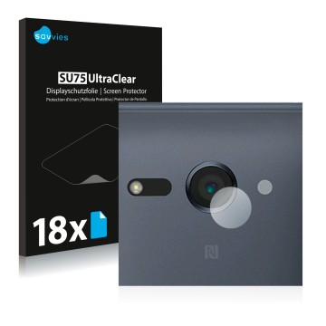 Vorderseite einer Produktverpackung mit dem Markenlogo Savvies. Daneben ist das Gerät Sony Xperia XZ2 Compact (NUR Kameraschut