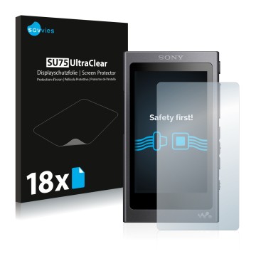 Parte frontal de un envase de producto con el logotipo de la marca Savvies. Al lado se muestra el dispositivo Sony Walkman A40