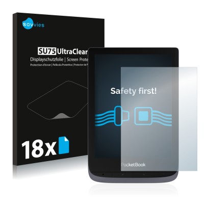 Front side of a product packaging with the brand logo Savvies. Next to it is the device PocketBook Touch HD 3 shown with the c