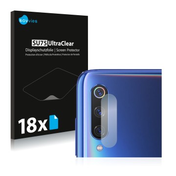 Vorderseite einer Produktverpackung mit dem Markenlogo Savvies. Daneben ist das Gerät Xiaomi Mi 9 (NUR Kameraschutz) mit dem z