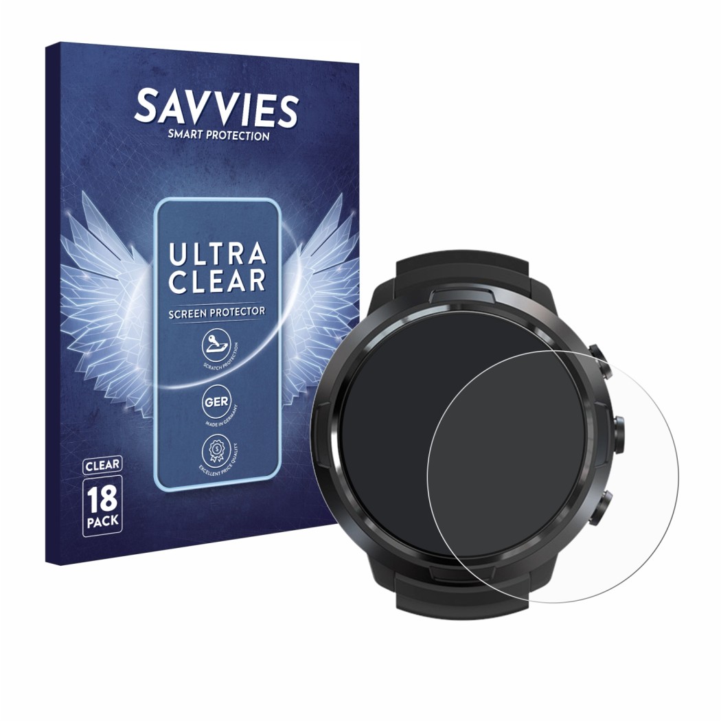 Front side of a product packaging with the brand logo Savvies. Next to it is the device Suunto D5 shown with the corresponding
