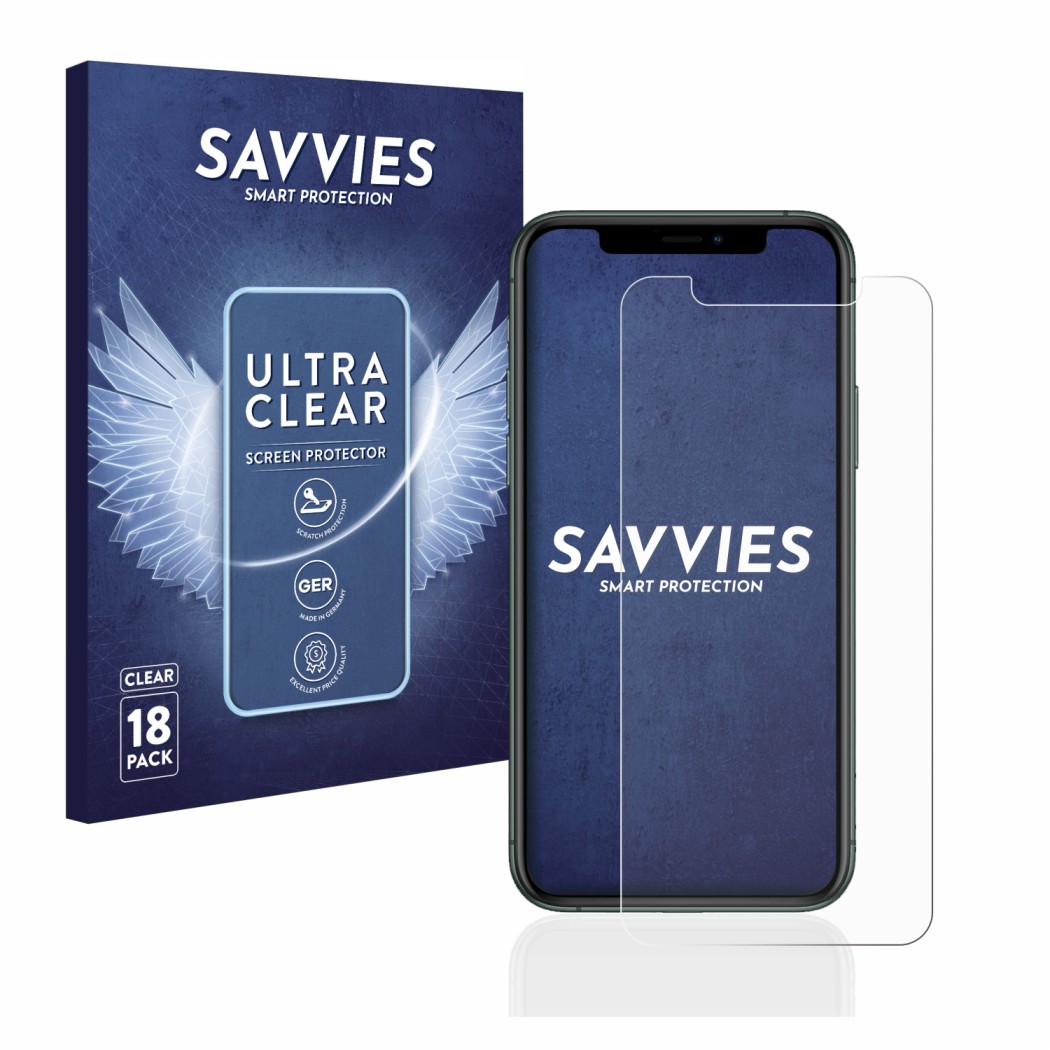 Face avant d’un emballage produit avec le logo de la marque Savvies. À côté, l’appareil Apple iPhone 11 Pro est représenté ave