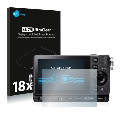 Face avant d’un emballage produit avec le logo de la marque Savvies. À côté, l’appareil Sigma FP est représenté avec la protec