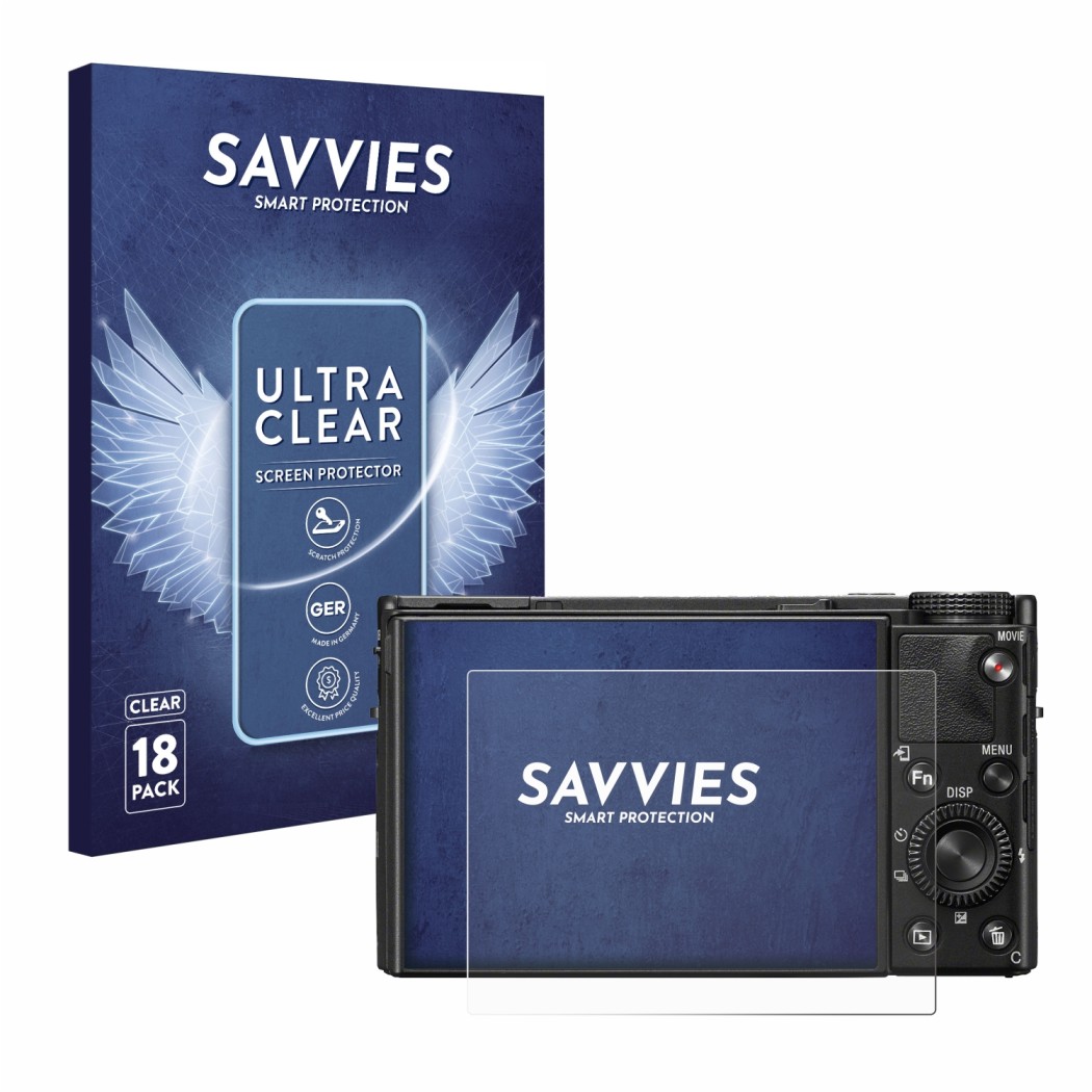 Vorderseite einer Produktverpackung mit dem Markenlogo Savvies. Daneben ist das Gerät Sony Cyber-Shot DSC-RX100 VII mit dem zu