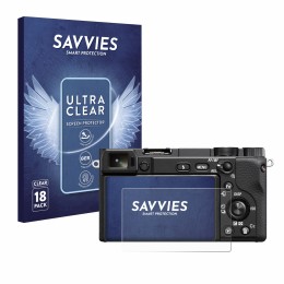 Vorderseite einer Produktverpackung mit dem Markenlogo Savvies. Daneben ist das Gerät Sony Alpha 6100 mit dem zugehörigen Disp