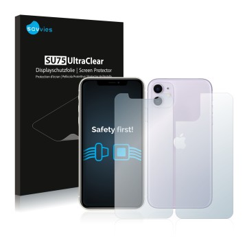 Front side of a product packaging with the brand logo Savvies. Next to it is the device Apple iPhone 11 (Front+Back) shown wit