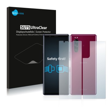 Face avant d’un emballage produit avec le logo de la marque Savvies. À côté, l’appareil Sony Xperia 5 (Avant+Arrière) est repr