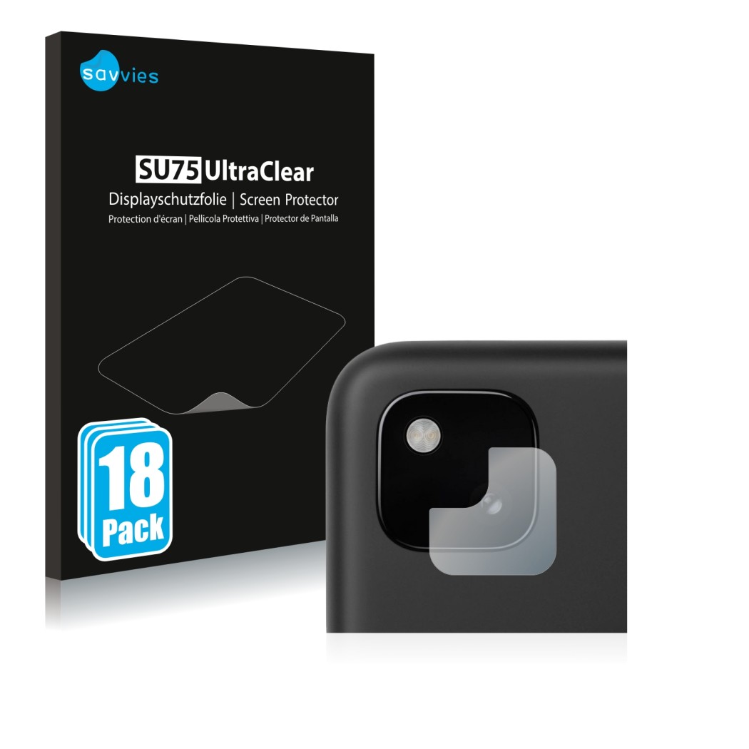 Parte frontal de un envase de producto con el logotipo de la marca Savvies. Al lado se muestra el dispositivo Google Pixel 4a 