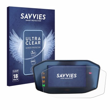 Face avant d’un emballage produit avec le logo de la marque Savvies. À côté, l’appareil KTM 890 Duke R 2020 TFT Screen est rep