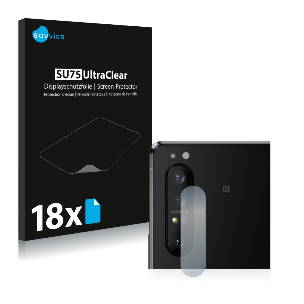 Front side of a product packaging with the brand logo Savvies. Next to it is the device Sony Xperia 1 II (ONLY Camera Lens) sh