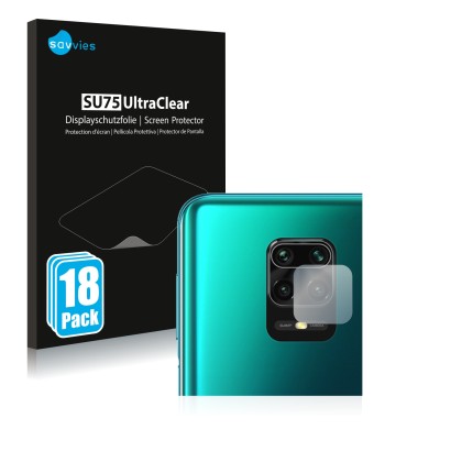 Face avant d’un emballage produit avec le logo de la marque Savvies. À côté, l’appareil Xiaomi Redmi Note 9 Pro Max (Caméra UN