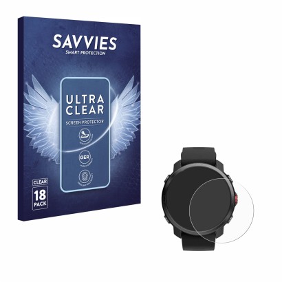 Vorderseite einer Produktverpackung mit dem Markenlogo Savvies. Daneben ist das Gerät Polar Grit X mit dem zugehörigen Display
