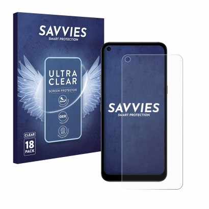 Vorderseite einer Produktverpackung mit dem Markenlogo Savvies. Daneben ist das Gerät LG K61S mit dem zugehörigen Displayschut
