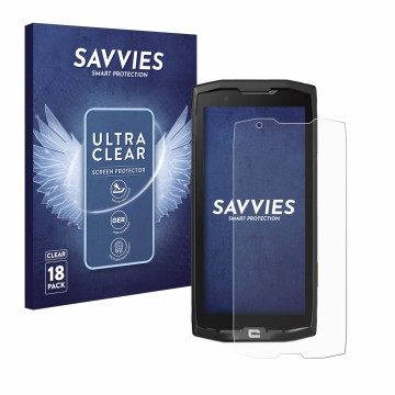Face avant d’un emballage produit avec le logo de la marque Savvies. À côté, l’appareil Crosscall Core X4 est représenté avec 