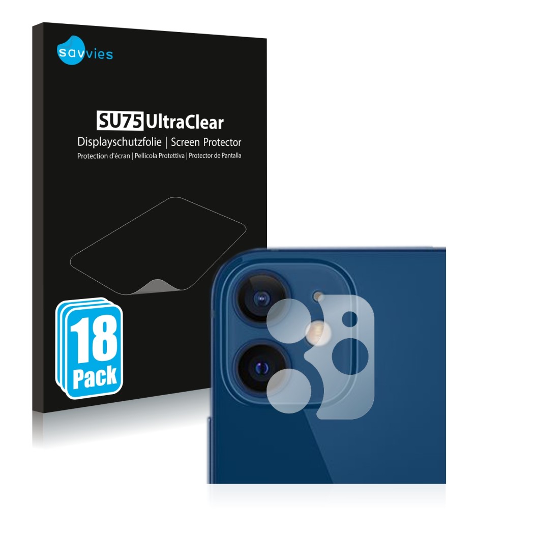 Front side of a product packaging with the brand logo Savvies. Next to it is the device Apple iPhone 12 (ONLY Camera Lens) sho