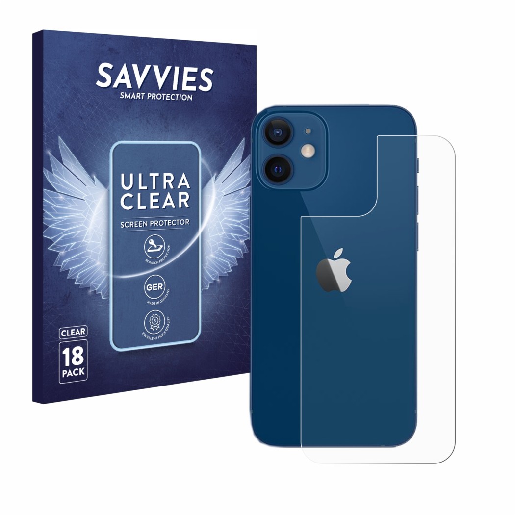 Front side of a product packaging with the brand logo Savvies. Next to it is the device Apple iPhone 12 (Back) shown with the 