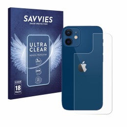 Front side of a product packaging with the brand logo Savvies. Next to it is the device Apple iPhone 12 (Back) shown with the 