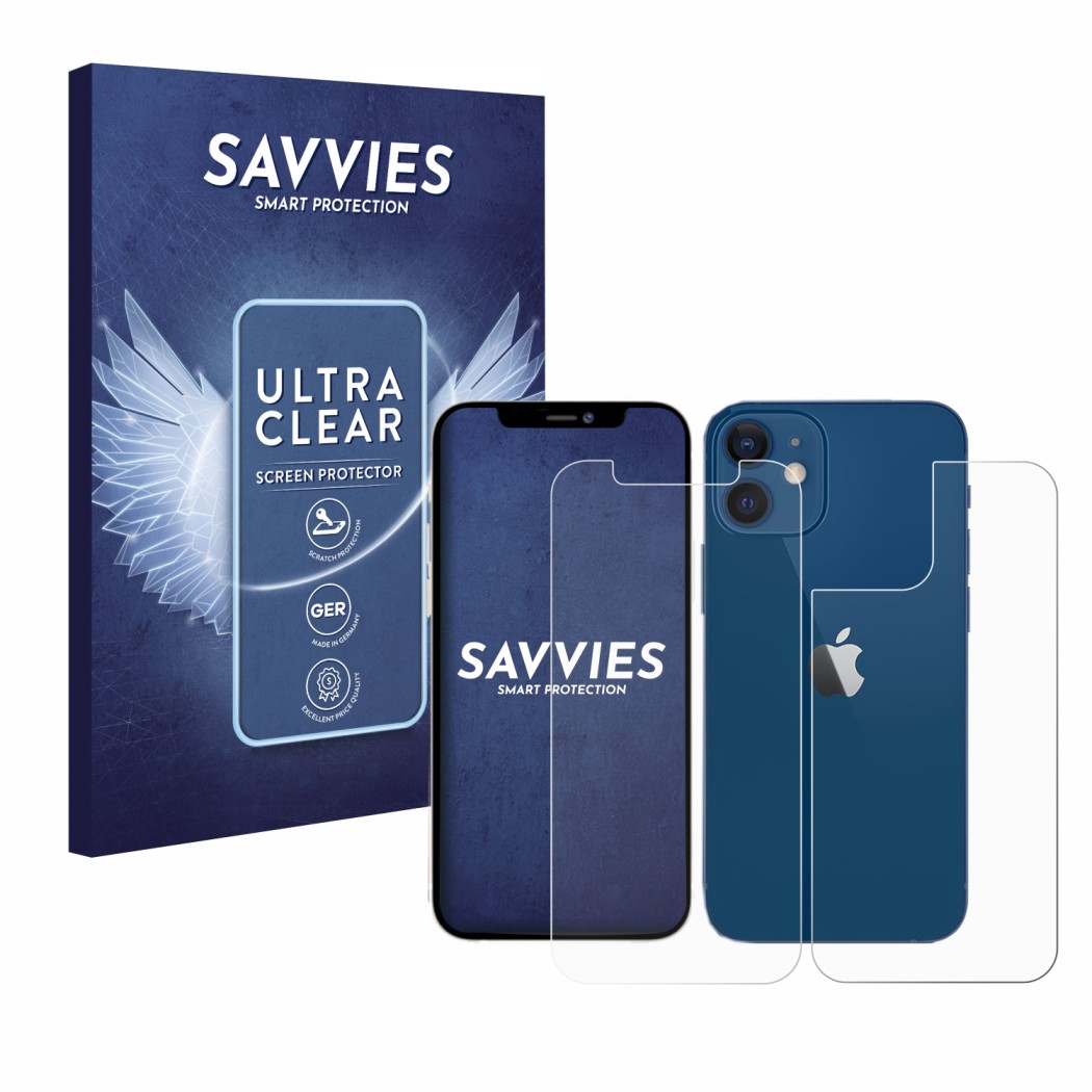 Front side of a product packaging with the brand logo Savvies. Next to it is the device Apple iPhone 12 (Front+Back) shown wit