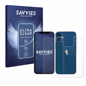 Front side of a product packaging with the brand logo Savvies. Next to it is the device Apple iPhone 12 (Front+Back) shown wit