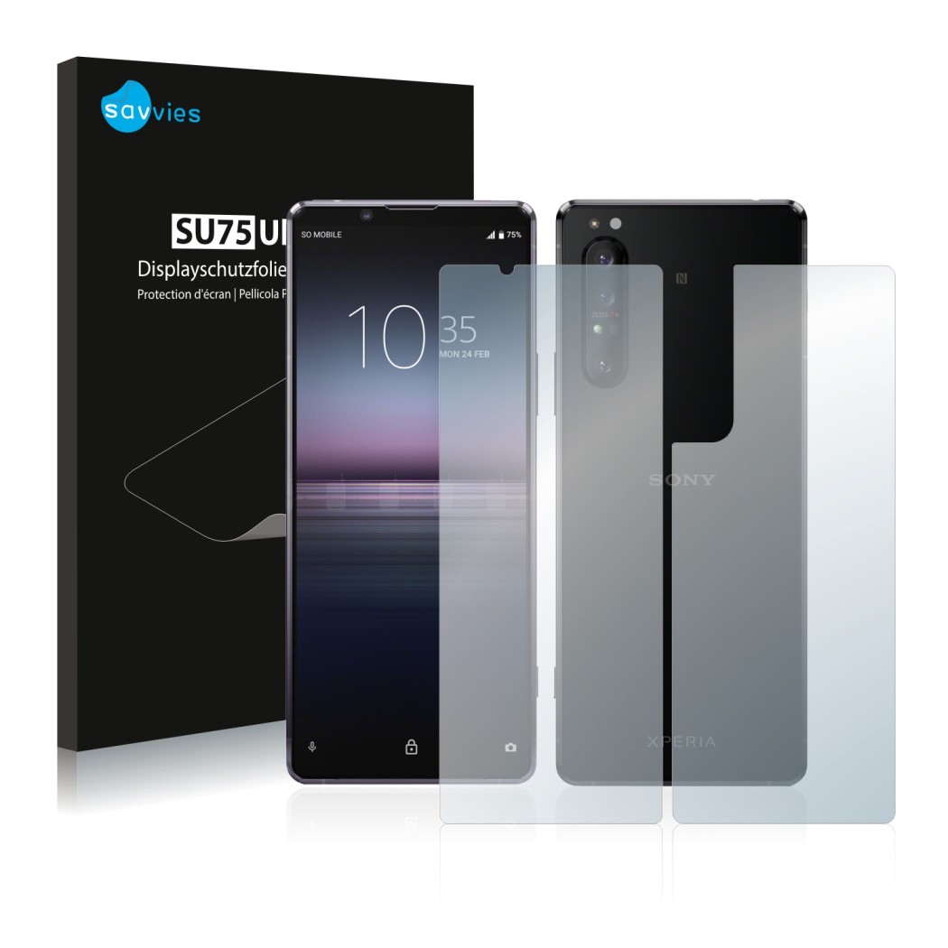 Front side of a product packaging with the brand logo Savvies. Next to it is the device Sony Xperia 1 II (Front+Back) shown wi