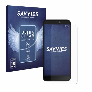 Front side of a product packaging with the brand logo Savvies. Next to it is the device Fairphone 3 Plus shown with the corres