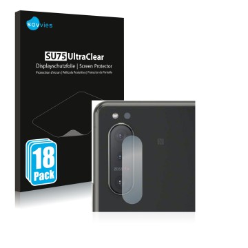 Front side of a product packaging with the brand logo Savvies. Next to it is the device Sony Xperia 5 II (ONLY Camera Lens) sh