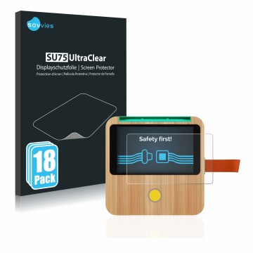 Front side of a product packaging with the brand logo Savvies. Next to it is the device tigerbox Touch shown with the correspo