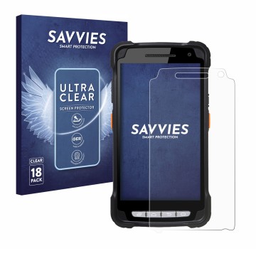Parte frontal de un envase de producto con el logotipo de la marca Savvies. Al lado se muestra el dispositivo Point Mobile PM9