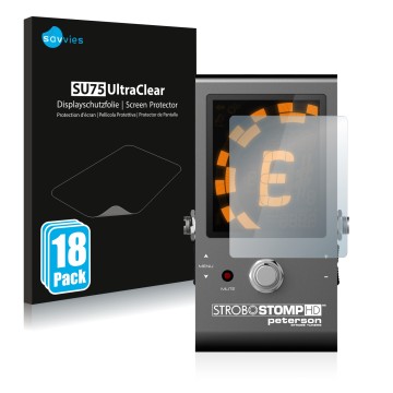 Front side of a product packaging with the brand logo Savvies. Next to it is the device Peterson Strobostomp HD shown with the